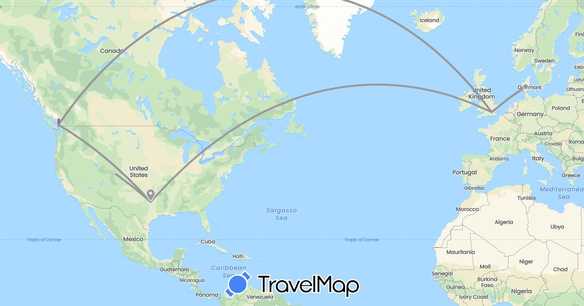 TravelMap itinerary: driving, plane, train in Canada, Denmark, United Kingdom, United States (Europe, North America)